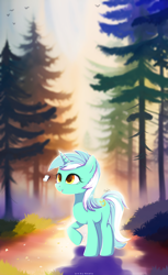 Size: 4000x6533 | Tagged: safe, artist:nnaly, lyra heartstrings, butterfly, pony, unicorn, g4, absurd resolution, cute, female, forest, horn, looking at something, lyrabetes, mare, nature, open mouth, open smile, outdoors, raised hoof, signature, smiling, solo, tail, tree