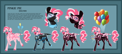 Size: 5438x2412 | Tagged: safe, artist:parrpitched, pinkie pie, oc, oc:pinkie pie (prisoners of the moon), earth pony, zebra, g4, concave belly, fireheart76's latex suit design, latex, latex suit, prisoners of the moon, redesign, reference sheet, rubber, rubber suit