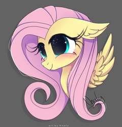 Size: 3784x3943 | Tagged: safe, artist:nnaly, fluttershy, pegasus, pony, g4, blushing, bust, cute, female, gray background, high res, mare, portrait, shyabetes, signature, simple background, smiling, solo, starry eyes, wingding eyes