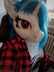 Size: 960x1280 | Tagged: safe, artist:essorille, artist:vinylpone, dj pon-3, vinyl scratch, human, unicorn, anthro, g4, animal costume, blue mane, chest fluff, clothes, cosplay, costume, cute, equine, female, furry, fursuit, horn, indoors, irl, irl human, looking at you, mare, photo, plaid, plaid shirt, ponysuit, purple eyes, ruffled hair, selfie, shirt, solo, window