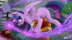 Size: 4407x2480 | Tagged: safe, alternate version, artist:arctic-fox, twilight sparkle, alicorn, pony, g4, book, butt, dock, featureless crotch, female, frog (hoof), high res, indoors, levitation, looking at you, looking back, looking back at you, lying down, magic, mare, open mouth, partially open wings, plot, prone, raised tail, signature, solo, tail, telekinesis, twibutt, twilight sparkle (alicorn), underhoof, wings