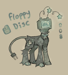 Size: 2000x2200 | Tagged: safe, artist:spiiderpuns, oc, oc:floppy disk, earth pony, object pony, original species, pony, amputee, antennae, bow, coat markings, color palette, crossover, crt, cutie mark, name, plug tail, ponified, prosthetic leg, prosthetic limb, prosthetics, reference sheet, regretevator, scag, simple background, smiling, solo, standing, teeth, tv head, unshorn fetlocks