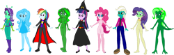 Size: 4038x1284 | Tagged: safe, artist:invisibleink, artist:tylerajohnson352, applejack, fluttershy, pinkie pie, rainbow dash, rarity, starlight glimmer, sunset shimmer, trixie, twilight sparkle, alien, chameleon, ghost, reptile, undead, vampire, werewolf, equestria girls, g4, antenna, bandage, black sclera, bolts, boots, cape, claws, clothes, dress, eqg promo pose set, fangs, female, fins, flippers, frankenstein, frankenstein's monster, fur, gills, gloves, glowing, glowing eyes, green skin, hairpin, halloween, hat, high heels, holiday, jewelry, lizard creature, monster, mummy, necklace, pants, pointed ears, sharp teeth, shoes, simple background, stitches, suit, swamp creature, tail, talons, teeth, transparent background, vest, webbed feet, webbed fingers, witch, witch hat