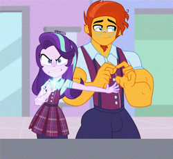 Size: 1280x1174 | Tagged: safe, artist:orin331, starlight glimmer, sunburst, human, equestria girls, g4, 2d, clothes, equestria girls-ified, female, glasses, height difference, indoors, no pickles, open mouth, pleated skirt, shadowbolts, shadowbolts uniform, skirt