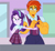 Size: 1280x1174 | Tagged: safe, artist:orin331, starlight glimmer, sunburst, human, equestria girls, g4, clothes, crystal prep academy uniform, duo, duo male and female, equestria girls-ified, female, glasses, gunburst, height difference, indoors, male, muscles, muscular male, no pickles, open mouth, pleated skirt, school uniform, shadowbolts, skirt