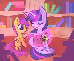Size: 4000x3298 | Tagged: safe, artist:meekcheep, daring do, scootaloo, twilight sparkle, pegasus, pony, unicorn, g4, blank flank, book, bookshelf, cute, cutealoo, daring do book, duo, duo female, ear fluff, eyes closed, female, glowing, glowing horn, golden oaks library, grin, high res, horn, indoors, levitation, looking at something, magic, magic aura, open mouth, open smile, rearing, sitting, smiling, tail, telekinesis, twiabetes, unicorn twilight, wings
