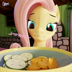 Size: 2048x2048 | Tagged: safe, artist:quicktimepony, fluttershy, pegasus, pony, g4, 3d, beauty mark, blender, bowl, carrot, cucumber, dialogue, female, food, kitchen, mare, micro, signature, smiling, solo