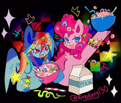 Size: 2048x1741 | Tagged: safe, artist:emoboy130, pinkie pie, rainbow dash, earth pony, pegasus, pony, g4, :3, ahoge, bandaid, blue coat, blue eyes, bowl, bracelet, cereal, checkered background, chest fluff, colored hooves, colored pinnae, curly mane, cute, cute little fangs, drool, duo, duo female, ear fluff, emanata, eye clipping through hair, eyelashes, fangs, female, floating crown, food, hair accessory, hairclip, hoof hold, jewelry, lidded eyes, long mane, looking at something, looking away, lucky charms, mane accessory, mare, milk carton, multicolored hair, multicolored mane, narrowed eyes, open mouth, open smile, patterned background, pink coat, pink eyes, pink mane, pink text, rainbow hair, raised hoof, shiny hooves, shiny mane, shrunken pupils, signature, silly straw, smiling, sparkles, spoon, spread wings, straw, wingding eyes, wings