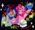 Size: 2048x1741 | Tagged: safe, artist:emoboy130, pinkie pie, rainbow dash, earth pony, pegasus, pony, g4, :3, ahoge, armpits, band-aid, bipedal, blue coat, blue eyes, bowl, bracelet, cereal, checkered background, chest fluff, colored hooves, colored pinnae, curly mane, cute, cute little fangs, drool, duo, duo female, ear fluff, ear piercing, emanata, eye clipping through hair, eyelashes, fangs, female, floating crown, food, hair accessory, hairclip, hoof hold, jewelry, lidded eyes, long mane, looking at something, looking away, lucky charms, mane accessory, mare, milk carton, multicolored hair, multicolored mane, narrowed eyes, open mouth, open smile, patterned background, piercing, pink coat, pink eyes, pink mane, pink text, rainbow hair, raised hoof, shiny hooves, shiny mane, shrunken pupils, signature, silly straw, smiling, sparkles, spoon, spread wings, straw, wingding eyes, wings