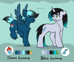 Size: 3000x2512 | Tagged: safe, artist:spoopygander, oc, oc only, oc:blizz icesong, oc:fluoro icesong, pegasus, pony, unicorn, duo, horn, reference sheet
