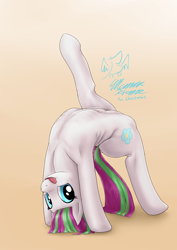 Size: 2894x4093 | Tagged: source needed, safe, artist:eltanin14d, blossomforth, pony, backbend, female, flexible, mare, solo, tongue out
