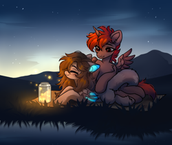Size: 4500x3800 | Tagged: safe, artist:konejo, oc, oc:hardy, alicorn, bat pony, firefly (insect), hybrid, insect, pony, blanket, chest fluff, duo, ear fluff, female, fluffy tail, folded wings, glowing, glowing ears, glowing wings, grass, high res, jar, male, mare, mountain, night, oc x oc, shipping, smiling, spread wings, stallion, stars, straight, stroking, tail, water, wings