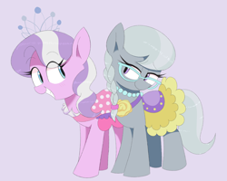 Size: 2500x2000 | Tagged: safe, artist:spoonie, diamond tiara, silver spoon, earth pony, pony, duo, duo female, female, glasses, jewelry, looking at each other, looking at someone, necklace, saddle, simple background, smiling, smiling at each other, tack, tiara