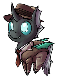 Size: 502x687 | Tagged: safe, artist:uteuk, oc, oc only, oc:closed case, changeling, changeling oc, clothes, green changeling, happy, hat, male, necktie, simple background, smol, solo, suit, transparent background