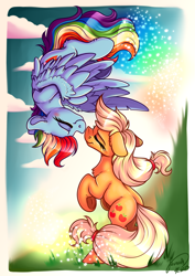 Size: 2894x4093 | Tagged: safe, artist:julunis14, applejack, rainbow dash, earth pony, pegasus, pony, g4, blushing, boop, chest fluff, cloud, duo, duo female, ear fluff, eyes closed, female, flying, freckles, grass, hatless, high res, lesbian, mare, missing accessory, noseboop, outdoors, rearing, ship:appledash, shipping, signature, sky, smiling, spread wings, tail, underhoof, upside down, wings