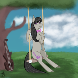 Size: 1600x1600 | Tagged: safe, artist:spectrum205, octavia melody, cello, chest fluff, musical instrument, solo, swing, tree