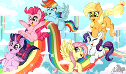 Size: 8268x4823 | Tagged: safe, artist:julunis14, applejack, fluttershy, pinkie pie, rainbow dash, rarity, twilight sparkle, alicorn, earth pony, pegasus, pony, unicorn, g4, absurd resolution, blank flank, chest fluff, cloud, cute, dashabetes, diapinkes, ear fluff, female, filly, filly applejack, filly fluttershy, filly pinkie pie, filly rainbow dash, filly rarity, filly twilight sparkle, foal, folded wings, freckles, group, horn, jackabetes, leg fluff, mane six, one eye closed, open mouth, open smile, outdoors, rainbow, rainbow waterfall, raribetes, sextet, shyabetes, signature, sitting, sky, slide, smiling, sparkles, spread wings, tail, twiabetes, twilight sparkle (alicorn), underhoof, wings, younger