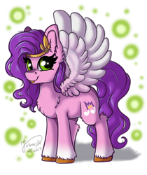 Size: 2755x3287 | Tagged: safe, artist:julunis14, pipp petals, pegasus, pony, g5, adorapipp, chest fluff, cute, diadem, ear fluff, female, high res, jewelry, leg fluff, looking at you, mare, regalia, signature, smiling, smiling at you, solo, spread wings, unshorn fetlocks, wings