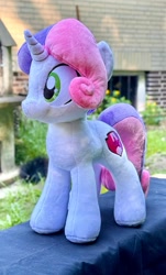 Size: 1236x2048 | Tagged: safe, artist:rtryart, sweetie belle, pony, unicorn, g4, female, horn, irl, mare, older, older sweetie belle, photo, plushie, solo, standing
