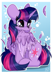 Size: 2894x4093 | Tagged: safe, artist:julunis14, twilight sparkle, alicorn, pony, g4, behaving like a bird, cheek fluff, chest fluff, cute, ear fluff, feather, female, gradient background, grooming, high res, horn, leg fluff, mare, partially open wings, preening, sitting, solo, tail, twiabetes, twilight sparkle (alicorn), wing fluff, wings