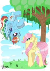 Size: 1920x2716 | Tagged: safe, artist:julunis14, fluttershy, rainbow dash, butterfly, pegasus, pony, g4, bandaid, bandaid on nose, chest fluff, cloud, duo, duo female, ear fluff, female, filly, filly fluttershy, filly rainbow dash, flying, foal, glowing cutie mark, grass, high res, leg fluff, looking at each other, looking at someone, open mouth, open smile, outdoors, signature, sky, smiling, smiling at each other, spread wings, tail, tree, upside down, wings, younger