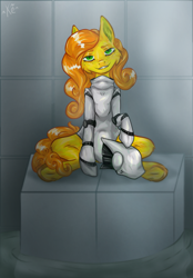 Size: 1266x1816 | Tagged: safe, artist:kenry dog, oc, oc only, oc:anna pine, cyborg, earth pony, curly mane, freckles, haydee, helmet, looking at you, sitting, solo, water