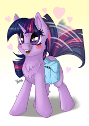 Size: 2894x4093 | Tagged: safe, artist:julunis14, twilight sparkle, pony, unicorn, g4, adorkable, bag, behaving like a dog, blank flank, blushing, book, cheek fluff, chest fluff, cute, digital art, dork, ear fluff, excited, female, filly, filly twilight sparkle, foal, gap teeth, gradient background, happy, heart, high res, hoof fluff, horn, medibang paint, open mouth, open smile, saddle bag, signature, smiling, solo, tail, tail wag, tooth gap, twiabetes, twilight dog, unicorn twilight, younger
