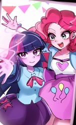 Size: 621x1024 | Tagged: safe, artist:pulse, pinkie pie, twilight sparkle, human, equestria girls, g4, arms, blouse, bolero jacket, bowtie, bracelet, breasts, bust, clothes, duo, duo female, female, fingers, hand, happy, jacket, jewelry, legs, long hair, open mouth, open smile, pose, puffy sleeves, shirt, short sleeves, skirt, smiling, standing, teenager, teeth, vest