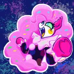 Size: 1200x1200 | Tagged: safe, artist:aj flame ss6, pinkie pie, earth pony, eternal night au (janegumball), g4, alternate universe, clown, clown makeup, clown outfit, confetti, confetti in mane, fangs, female, hoof heart, laughing, mare, nightmare pinkie, nightmarified, signature, solo, underhoof