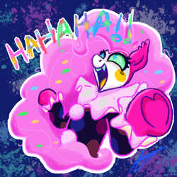 Size: 1200x1200 | Tagged: safe, alternate version, artist:aj flame ss6, pinkie pie, earth pony, eternal night au (janegumball), g4, alternate universe, clown, clown makeup, clown outfit, confetti, confetti in mane, fangs, hoof heart, laughing, nightmare pinkie, nightmarified, signature, solo, text