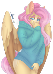 Size: 2809x3907 | Tagged: safe, artist:trashpanda czar, fluttershy, pegasus, anthro, clothes, ear fluff, female, folded wings, hair bun, hoodie, long tail, looking at you, simple background, solo, solo female, tail, transparent background, wings