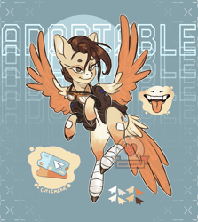 Size: 1071x1200 | Tagged: safe, artist:sokoistrying, oc, oc only, pegasus, pony, animated, blue background, bomber jacket, clothes, female, gif, goggles, goggles around neck, jacket, leg wraps, loop, mare, simple background, solo, spread wings, tail, tail feathers, text, tongue out, watermark, wings