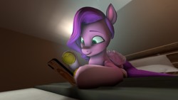 Size: 3840x2160 | Tagged: safe, artist:darkad8000, pipp petals, pegasus, pony, g5, 3d, bed, bedroom, female, happy, high res, long mane, lying down, mare, night, phone, social media, solo, source filmmaker