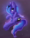 Size: 2900x3660 | Tagged: safe, artist:gaffy, princess luna, alicorn, pony, g4, blushing, butt, chest fluff, ear fluff, featureless crotch, female, heart, horn, lying down, mare, moonbutt, on side, plot, shoulder fluff, spread wings, wings