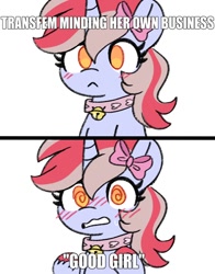 Size: 818x1044 | Tagged: safe, artist:emera33, oc, oc only, oc:cinnamon lightning, pony, unicorn, :<, bell, bell collar, blushing, bow, caption, collar, cute, embarrassed, female, hair bow, hooves up, horn, image macro, mare, meme, nervous, no pupils, ocbetes, simple background, solo, sweat, sweatdrop, swirly eyes, text, transgender, white background