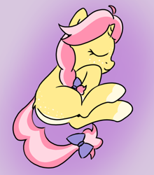 Size: 1234x1405 | Tagged: safe, artist:craftycirclepony, oc, oc only, oc:crafty circles, unicorn, bow, butt freckles, coat markings, cute, eyes closed, female, filly, foal, freckles, gradient background, hair bow, hooves to the chest, horn, lying down, sleeping, smiling, socks (coat markings), solo