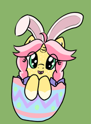 Size: 679x926 | Tagged: safe, artist:craftycirclepony, oc, oc only, oc:crafty circles, unicorn, animal costume, bow, bucktooth, bunny costume, clothes, coat markings, costume, cute, easter, easter egg, egg, female, filly, foal, freckles, green background, hair bow, happy, horn, looking at you, simple background, smiling, socks (coat markings), solo