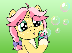 Size: 1390x1018 | Tagged: safe, artist:craftycirclepony, oc, oc only, oc:crafty circles, unicorn, :o, blowing bubbles, bow, bubble, bubble blower, bust, coat markings, cute, female, filly, foal, freckles, gradient background, green background, hair bow, hoof hold, horn, open mouth, simple background, socks (coat markings), solo