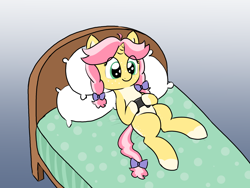 Size: 2000x1500 | Tagged: safe, artist:craftycirclepony, oc, oc only, oc:crafty circles, unicorn, bed, bow, butt freckles, coat markings, controller, cute, female, filly, foal, freckles, gradient background, hair bow, hoof hold, horn, in bed, lying down, pillow, playing, smiling, socks (coat markings), solo, video game