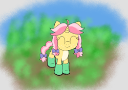 Size: 1686x1195 | Tagged: safe, artist:craftycirclepony, oc, oc only, oc:crafty circles, unicorn, ^^, boots, bow, butt freckles, coat markings, cute, eyes closed, female, filly, foal, freckles, hair bow, horn, looking at you, outdoors, shoes, smiling, socks (coat markings), solo