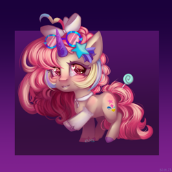 Size: 2500x2500 | Tagged: safe, artist:n3tt0l, oc, oc only, pony, unicorn, art trade, blushing, bow, butt blush, candy, chibi, child, clothes, collar, curly hair, curly mane, curly tail, female, food, glasses, gradient background, hair bow, horn, lollipop, looking up, pink eyes, pink hair, shiny eyes, shiny hair, smiling, socks, solo, tail