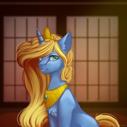 Size: 2500x2500 | Tagged: safe, artist:n3tt0l, oc, oc only, pony, unicorn, blue eyes, blue skin, crown, half body, horn, jewelry, looking up, male, regalia, requested art, smiling, solo, tail, yellow hair, yellow mane, yellow tail