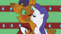 Size: 1280x720 | Tagged: safe, artist:helathahstudios, capper dapperpaws, rarity, abyssinian, pony, unicorn, g4, my little pony: the movie, blushing, capperity, duo, duo male and female, eyes closed, eyeshadow, female, heart, heart eyes, horn, human shoulders, interspecies, kissing, makeup, male, shipping, straight, wingding eyes