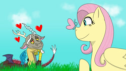 Size: 1280x720 | Tagged: safe, artist:helathahstudios, discord, fluttershy, butterfly, draconequus, pegasus, pony, g4, butterfly on nose, cloud, duo, duo male and female, female, grass, heart, insect on nose, interspecies, lidded eyes, lying down, male, raised hoof, ship:discoshy, shipping, sky, smiling, straight
