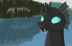 Size: 3351x2160 | Tagged: safe, artist:kujivunia, thorax, changeling, g4, lake, lineless, mountain, scenery, sky, smiling, solo, three quarter view, tree, water