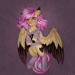 Size: 3000x3000 | Tagged: safe, artist:n3tt0l, oc, oc only, pegasus, pony, art trade, bedsheets, belly fluff, birthmark, blue eyes, blushing, chest fluff, clothes, coat markings, ear piercing, earring, eye scar, eyelashes, facial scar, female, jewelry, looking at you, one eye closed, piercing, pink hair, scar, shiny eyes, shiny mane, smiling, smiling at you, socks, solo, solo female, spots, spread wings, sweater, wings, yellow skin
