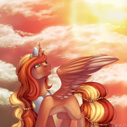 Size: 3000x3000 | Tagged: safe, artist:n3tt0l, oc, oc only, alicorn, pony, beads, cloud, crown, curly hair, curly mane, curly tail, female, green eyes, jewelry, looking up, orange hair, orange skin, peytral, regalia, requested art, sky, smiling, solo, solo female, spots, spread wings, sunset, tail, wings