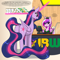Size: 3072x3072 | Tagged: safe, artist:theuser, derpibooru exclusive, princess cadance, twilight sparkle, alicorn, pony, g4, ..., alicorn metabolism, back of head, backwards cutie mark, butt, dock, duo, duo female, ethereal mane, ethereal tail, featureless crotch, female, folded wings, glowing, glowing horn, height difference, horn, imminent stuffing, long horn, long mane, long tail, magic, magic aura, mare, older, older twilight, older twilight sparkle (alicorn), plot, princess twilight 2.0, subway (restaurant), tail, tall, telekinesis, twilight sparkle (alicorn), wings