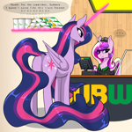 Size: 3072x3072 | Tagged: safe, artist:theuser, derpibooru exclusive, princess cadance, twilight sparkle, alicorn, pony, g4, alicorn metabolism, back of head, butt, dock, duo, duo female, featureless crotch, female, folded wings, glowing, glowing horn, height difference, horn, imminent stuffing, long horn, long mane, long tail, magic, older, older twilight, older twilight sparkle (alicorn), plot, princess twilight 2.0, subway, tail, tall, telekinesis, twilight sparkle (alicorn), wings