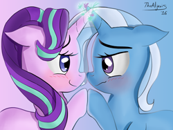 Size: 4000x3000 | Tagged: safe, artist:thealjavis, starlight glimmer, trixie, pony, unicorn, g4, blushing, cute, diatrixes, duo, duo female, eye contact, eyebrows, female, floppy ears, glimmerbetes, gradient background, heart, high res, holding hooves, hoofbump, horn, horns are touching, lesbian, lidded eyes, looking at each other, looking at someone, magic, mare, profile, ship:startrix, shipping, side view, signature, smiling, smiling at each other